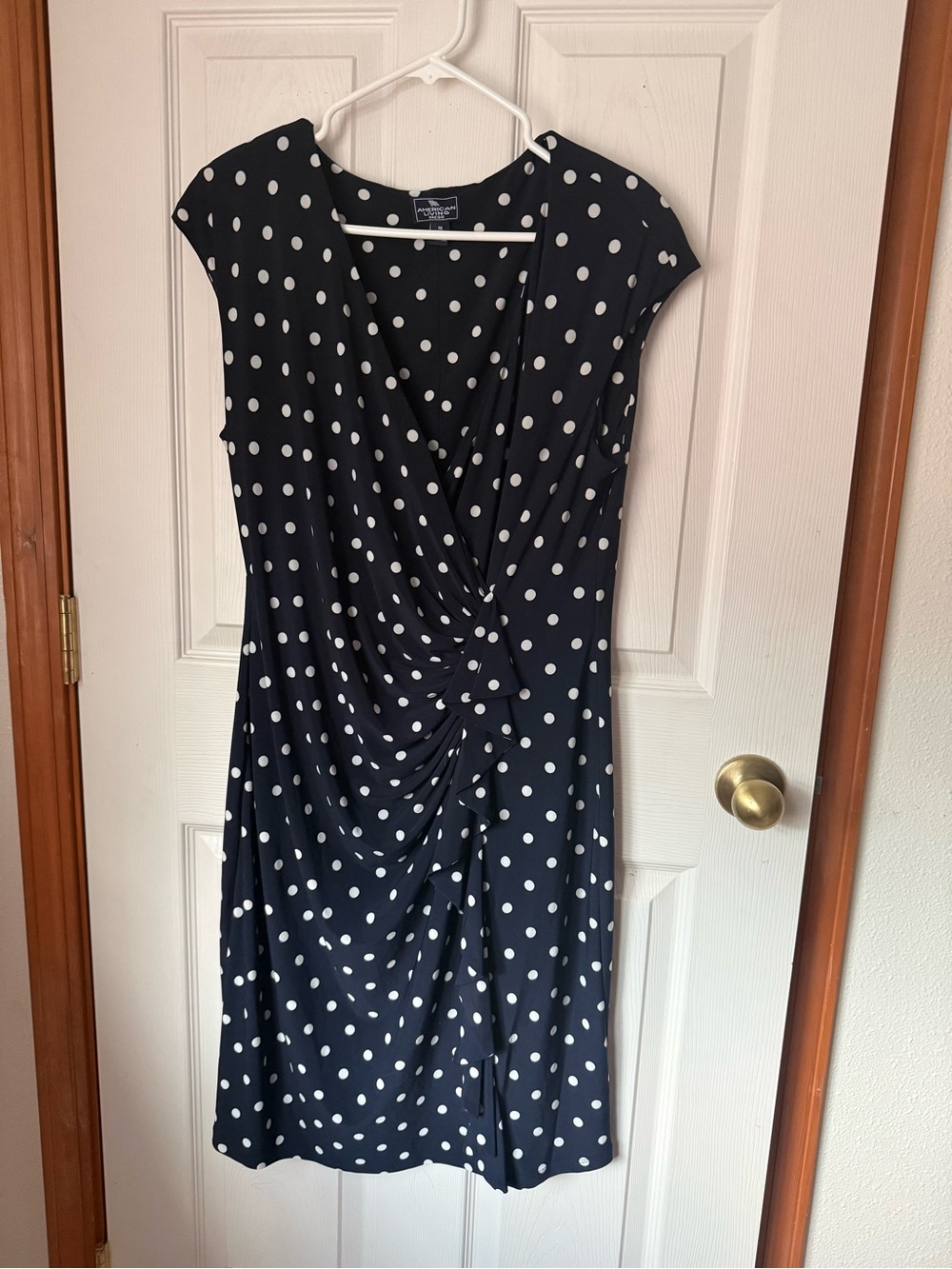 American Living Navy with White Polka Dot Faux-Wrap Dress